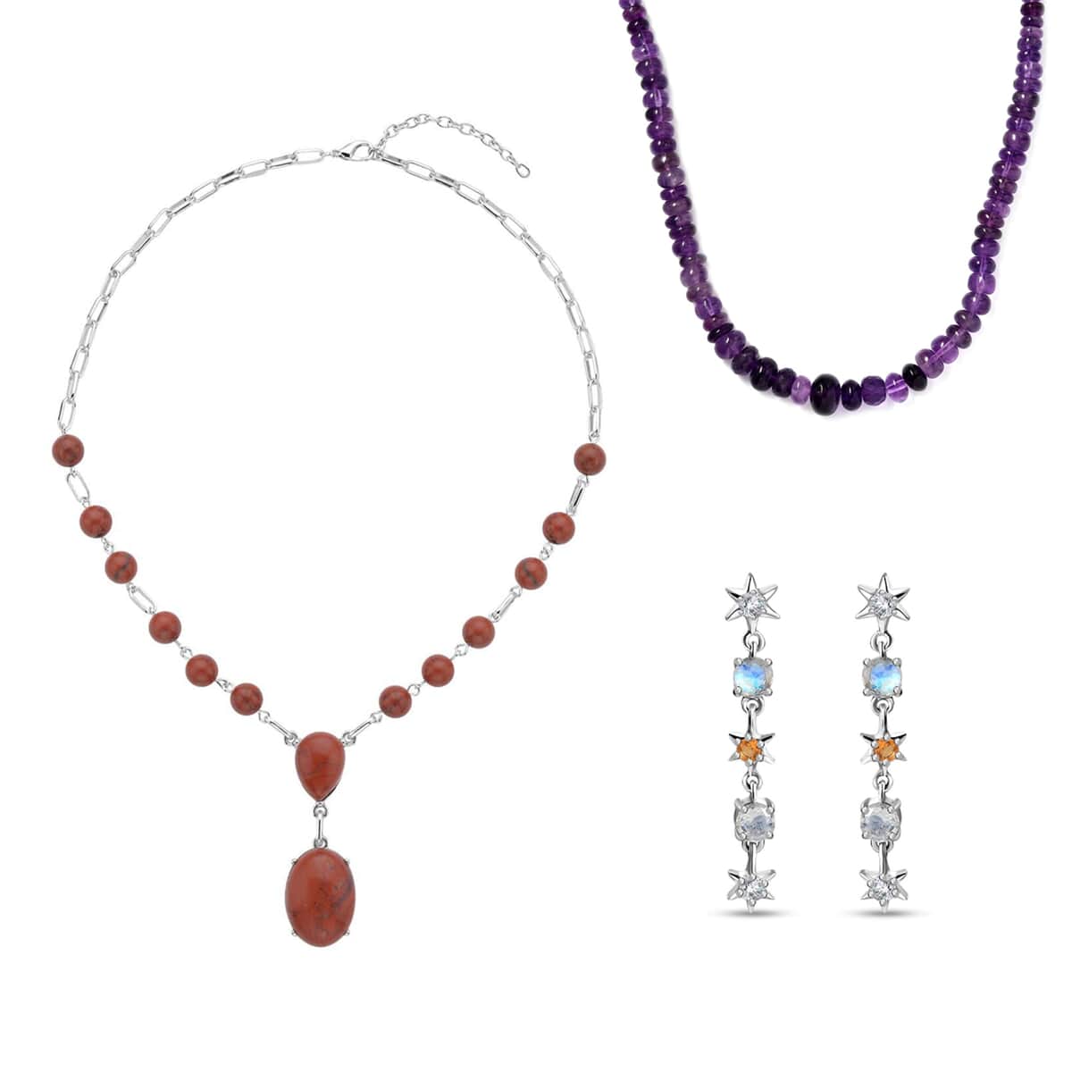 3 Piece Set - Multi Gemstone Beaded Necklaces (18-20,20 Inches) and Earrings in Sterling Silver, Stainless Steel and Silvertone 273.35 ctw image number 0