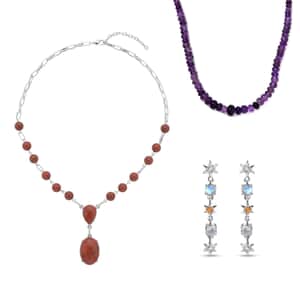 3 Piece Set - Multi Gemstone Beaded Necklaces (18-20,20 Inches) and Earrings in Sterling Silver, Stainless Steel and Silvertone 273.35 ctw