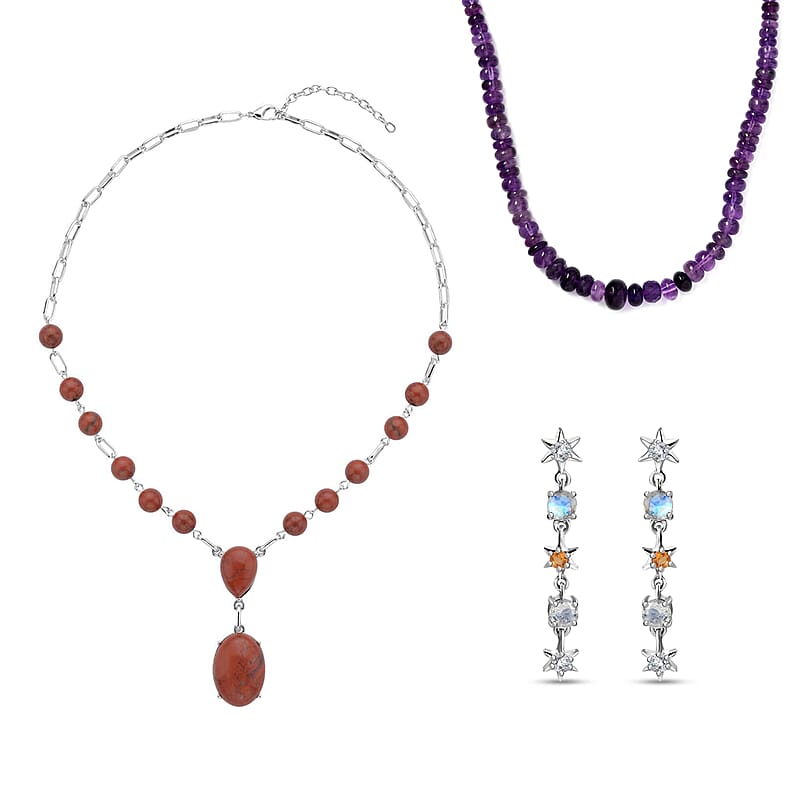 3 Piece Set - Multi Gemstone Beaded Necklaces (18-20,20 Inches) and Earrings in Sterling Silver, Stainless Steel and Silvertone 273.35 ctw