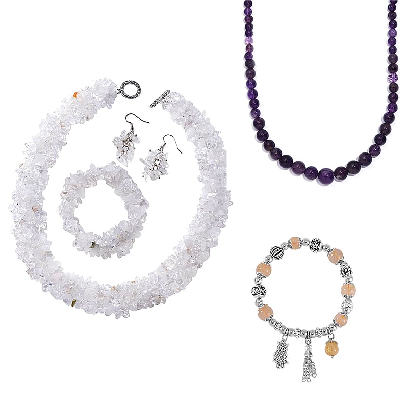 5 Piece Set - Multi Gemstone Beaded Stretch Bracelets, Necklace (20 Inches) and Earrings in Stainless Steel and Silvertone 1052.10 ctw