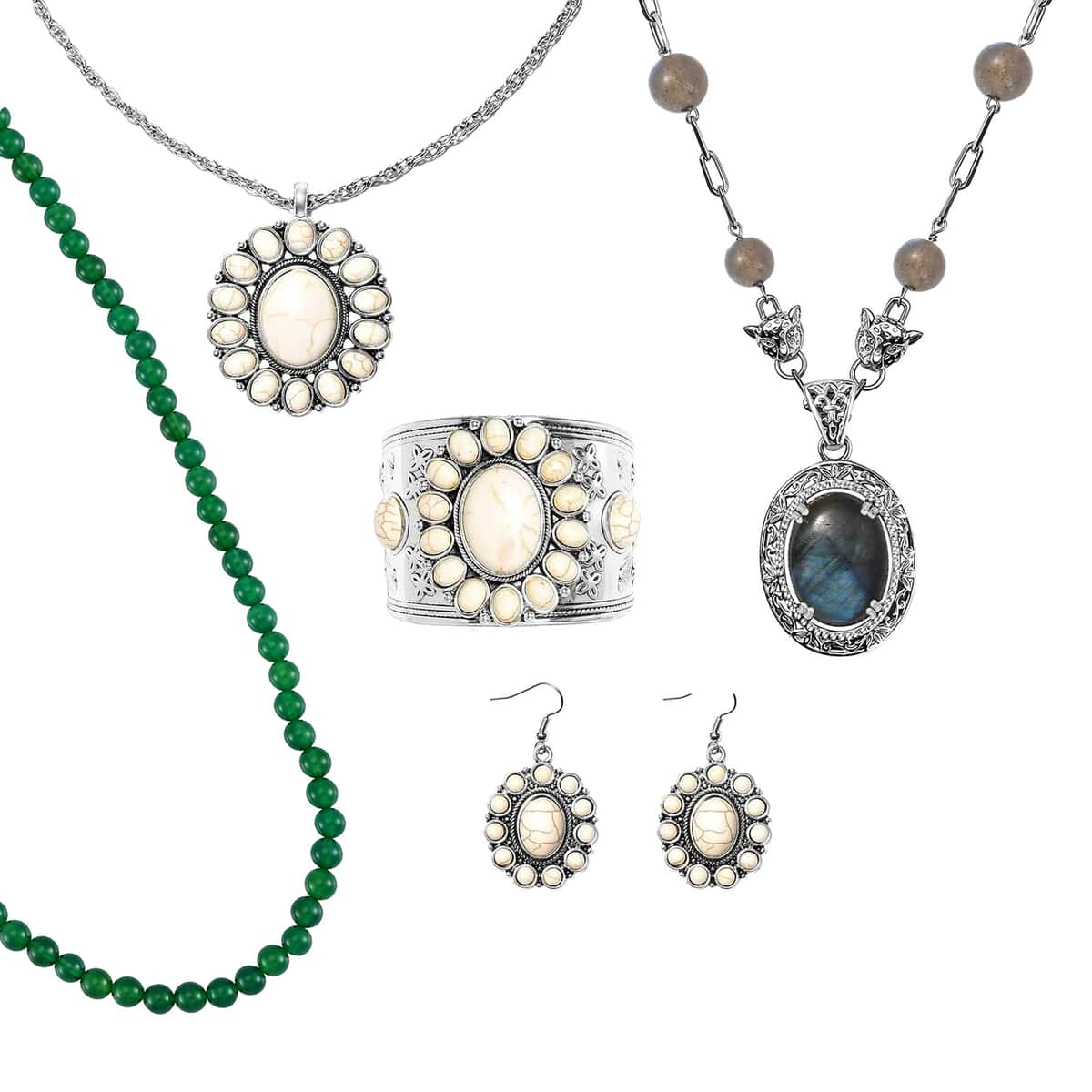 5 Piece Set - Multi Gemstone Necklaces (18, 18-24 Inches), Cuff Bracelet, Earrings and Pendant Necklace (26-30 Inches) in Stainless Steel, Silvertone and Platinum Bond 424.22 ctw image number 0