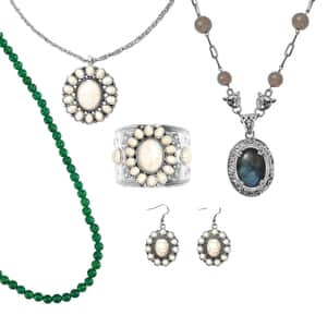 5 Piece Set - Multi Gemstone Necklaces (18, 18-24 Inches), Cuff Bracelet, Earrings and Pendant Necklace (26-30 Inches) in Stainless Steel, Silvertone and Platinum Bond 424.22 ctw