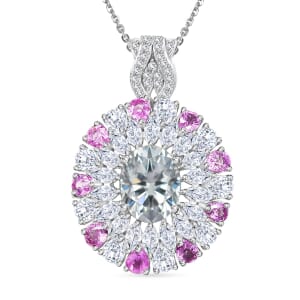 Moissanite and Madagascar Pink Sapphire 7.70 ctw Cocktail Pendant Necklace in Rhodium Over Sterling Silver 20 Inches 