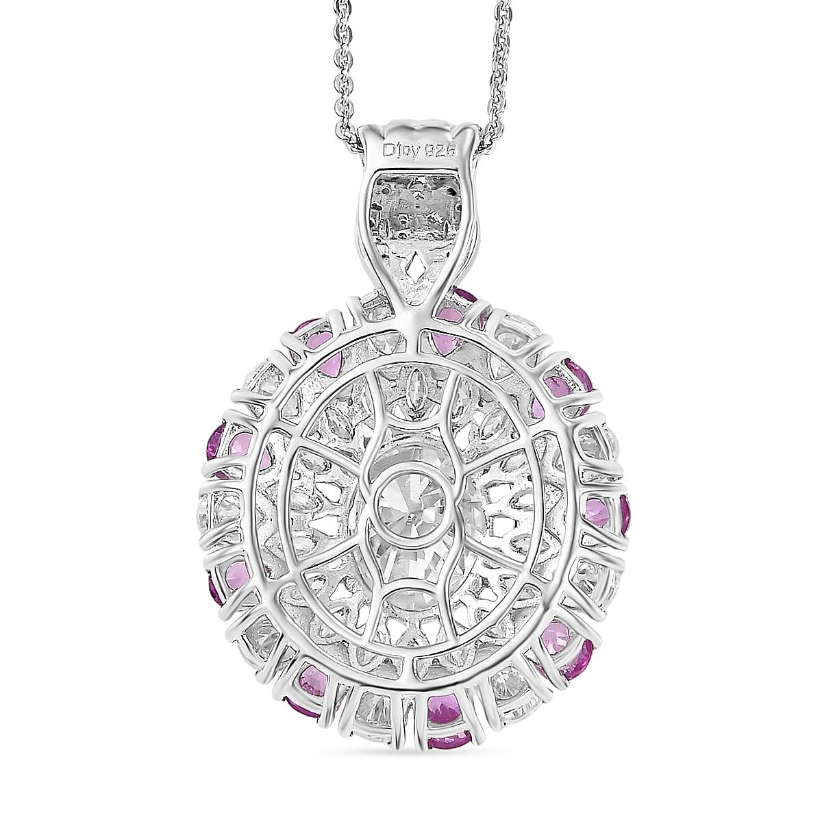 Moissanite and Madagascar Pink Sapphire 7.70 ctw Cocktail Pendant Necklace in Rhodium Over Sterling Silver 20 Inches 