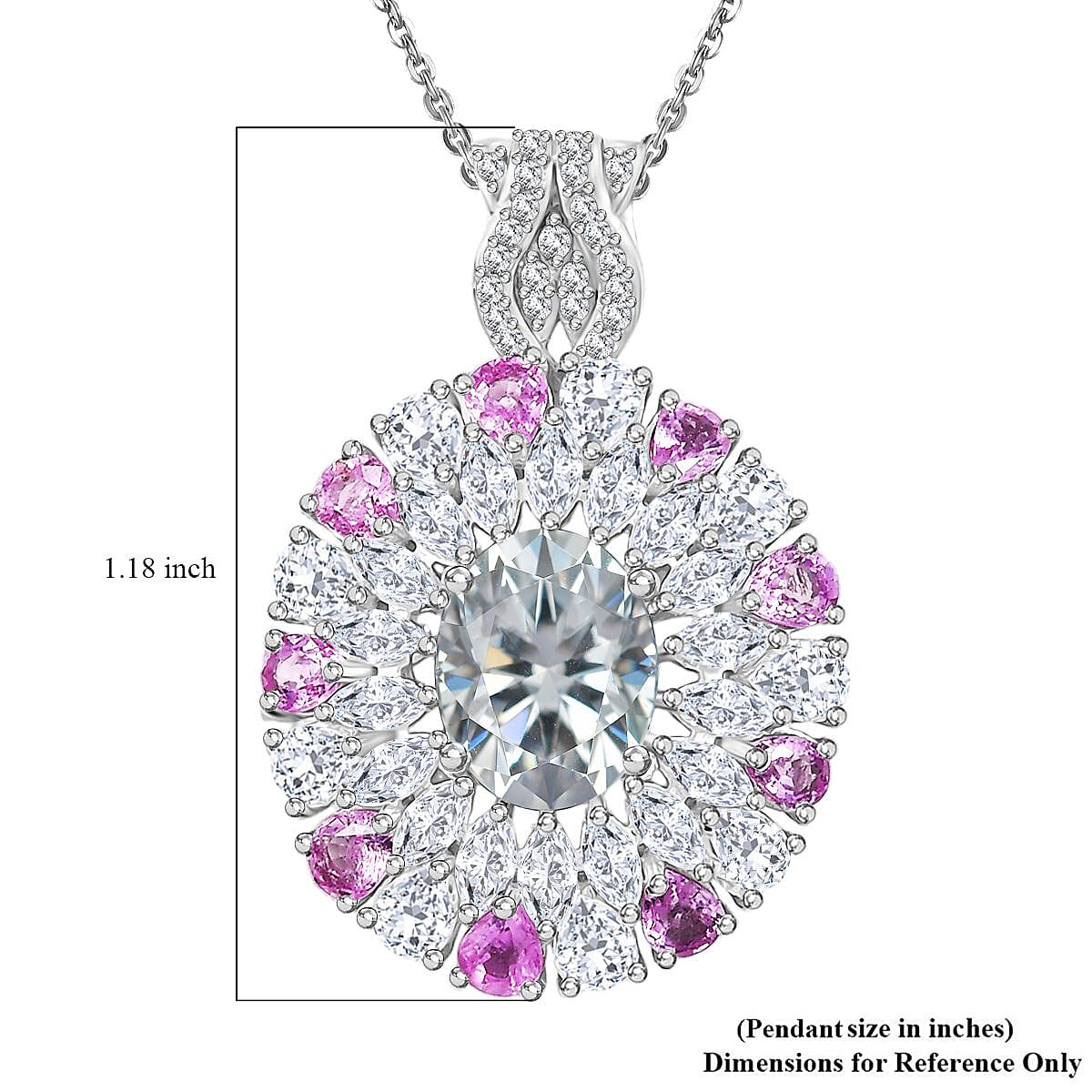 Moissanite and Madagascar Pink Sapphire 7.70 ctw Cocktail Pendant Necklace in Rhodium Over Sterling Silver 20 Inches 