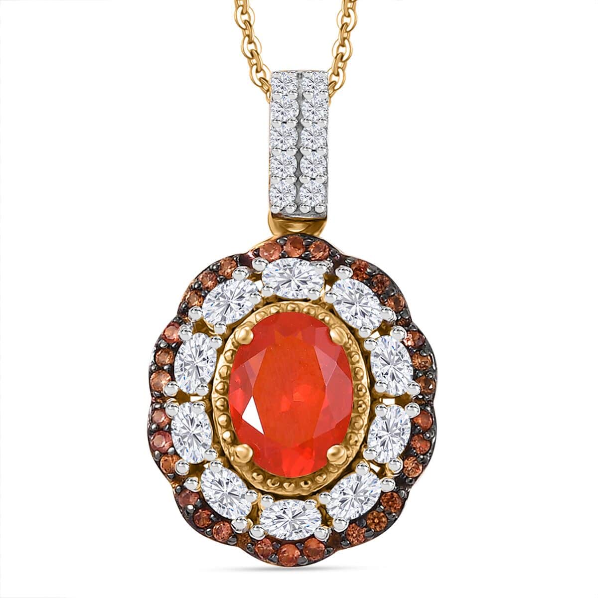 Doorbuster Mexican Cherry Fire Opal and Multi Gemstone 1.60 ctw Crimson Frost Pendant Necklace in 18K Vermeil Yellow Gold Over Sterling Silver 20 Inches image number 0