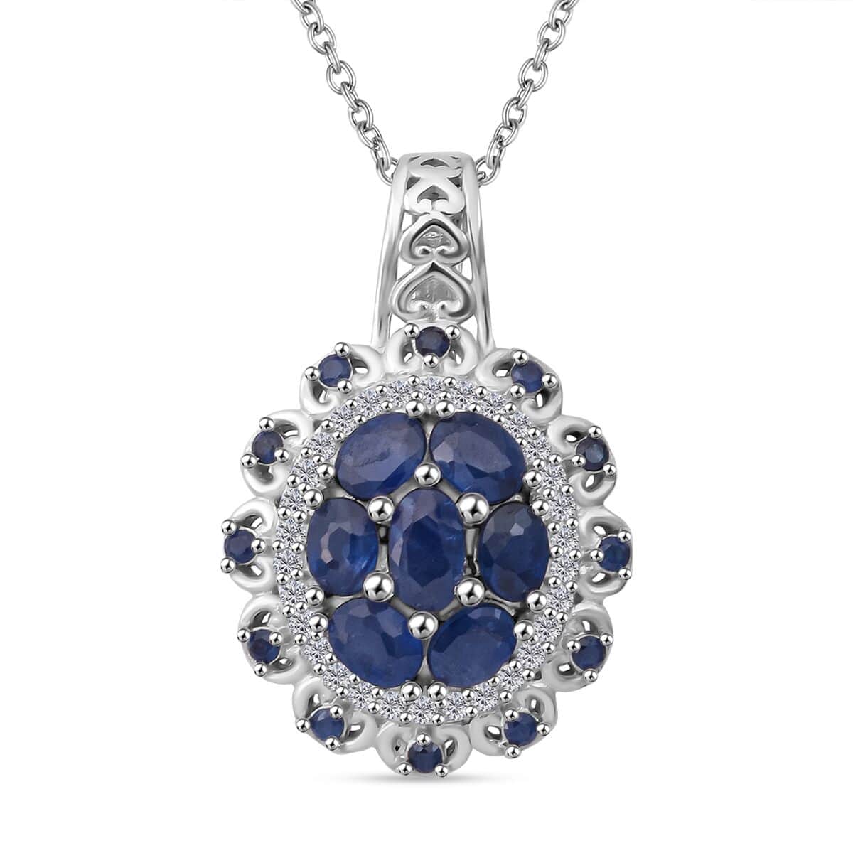 Kanchanaburi Blue Sapphire and White Zircon 2.25 ctw Pendant Necklace in Rhodium Over Sterling Silver 20 Inches image number 0