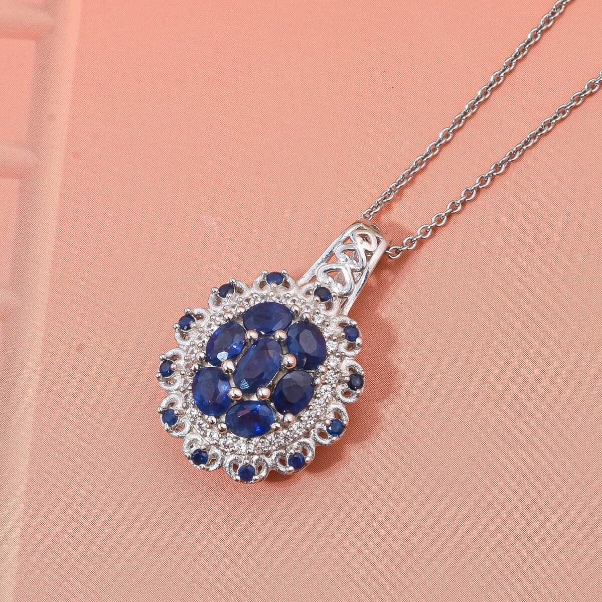 Kanchanaburi Blue Sapphire and White Zircon 2.25 ctw Pendant Necklace in Rhodium Over Sterling Silver 20 Inches image number 1