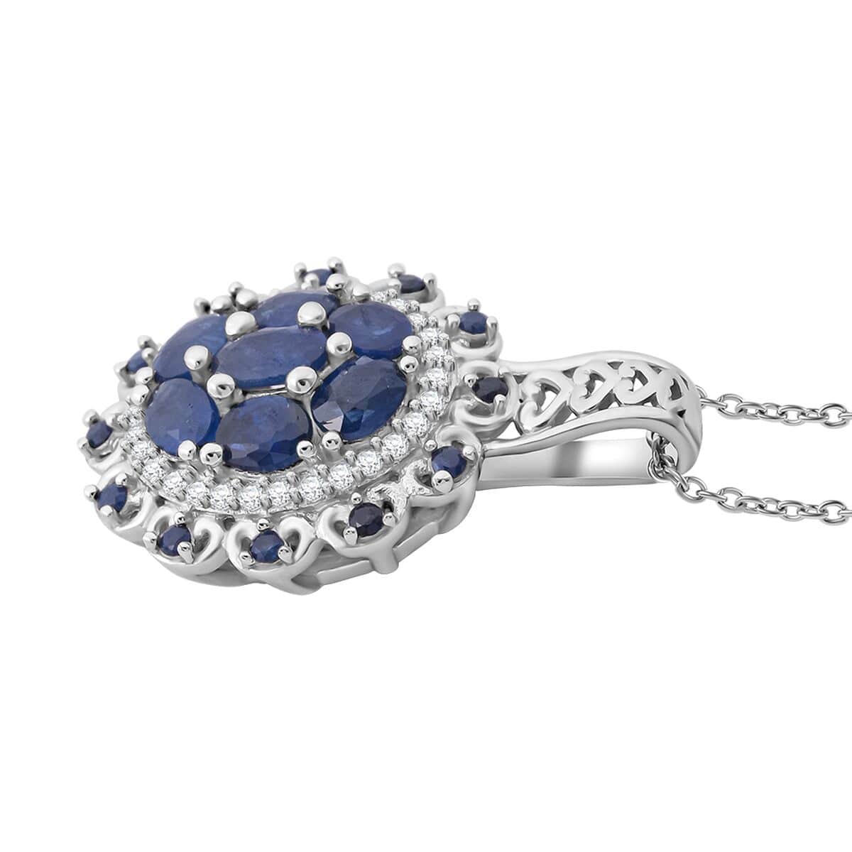 Kanchanaburi Blue Sapphire and White Zircon 2.25 ctw Pendant Necklace in Rhodium Over Sterling Silver 20 Inches image number 3