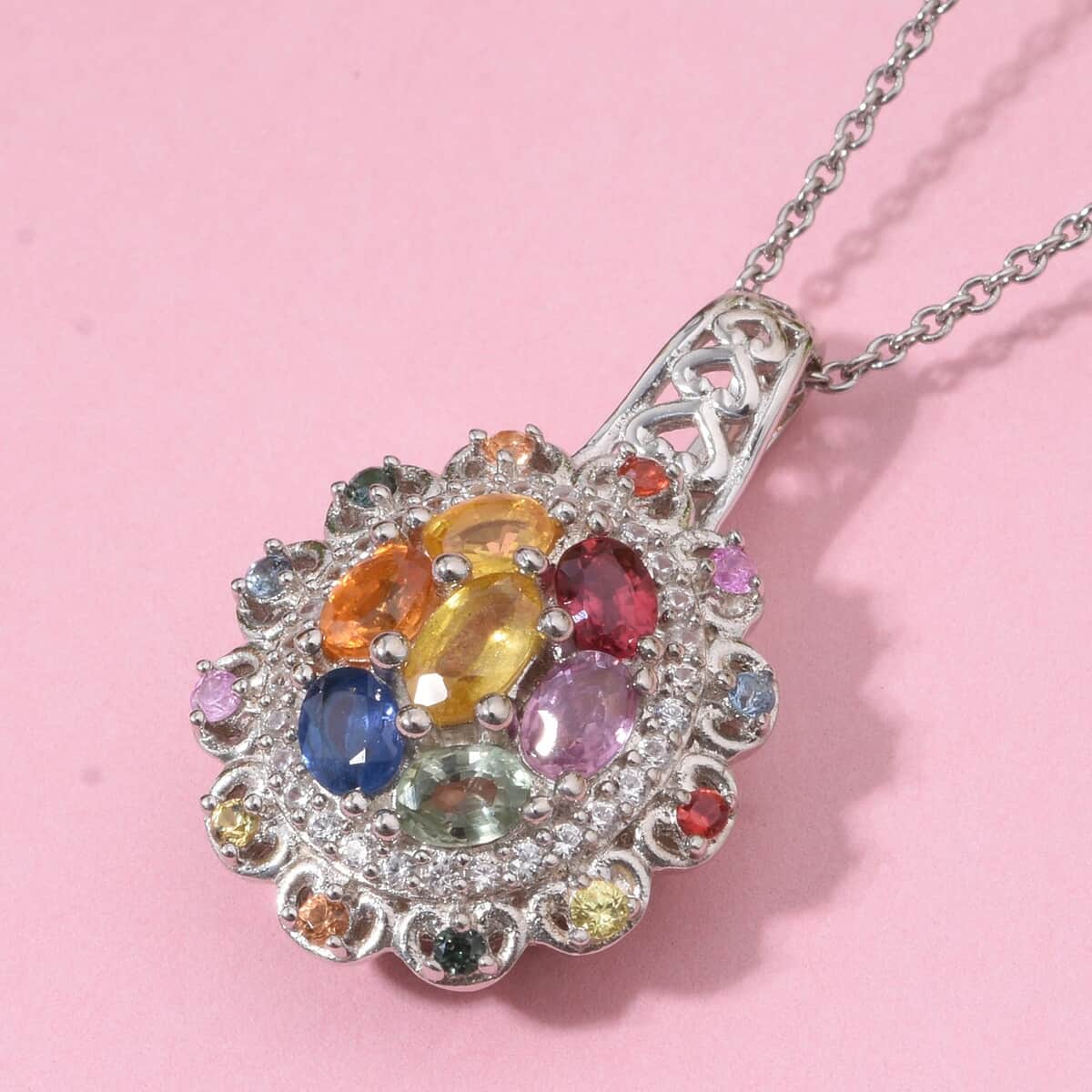 Madagascar Yellow Sapphire and Multi Gemstone 2.25 ctw Cluster Halo Pendant Necklace in Rhodium Over Sterling Silver 20 Inches image number 1