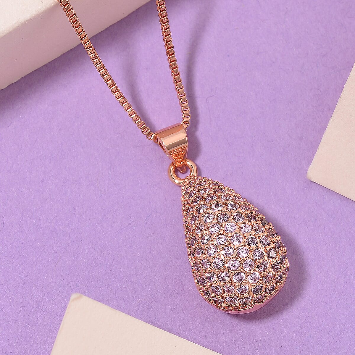 Simulated Pink Diamond Pendant Necklace in Rosetone 18-20 Inches image number 1