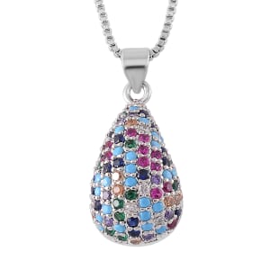 Simulated Multi Color Diamond Pendant Necklace 18-20 Inches in Silvertone