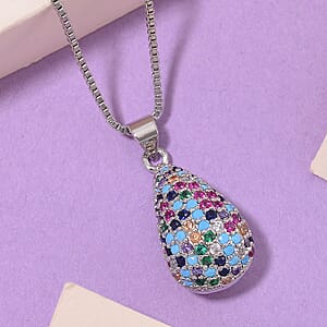 Simulated Multi Color Diamond Pendant Necklace 18-20 Inches in Silvertone