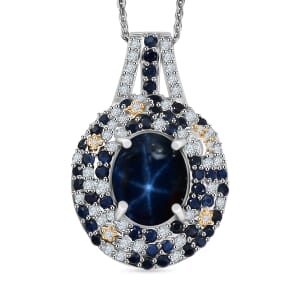 Blue Star Sapphire (DF) and Multi Gemstone 6.40 ctw Celestial Pendant Necklace in Rhodium Over Sterling Silver 20 Inches
