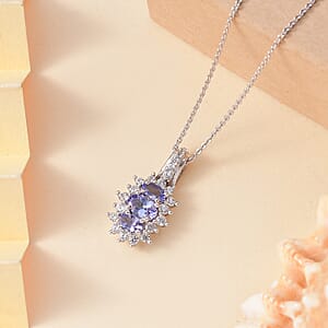 D'Joy Tanzanite and White Zircon 1.60 ctw Blooming Flower Pendant Necklace in Rhodium Over Sterling Silver 20 Inches