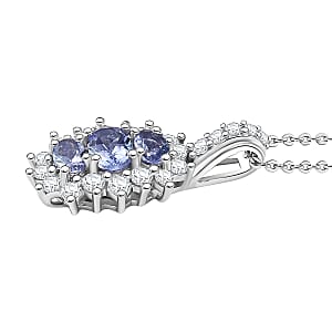 D'Joy Tanzanite and White Zircon 1.60 ctw Blooming Flower Pendant Necklace in Rhodium Over Sterling Silver 20 Inches