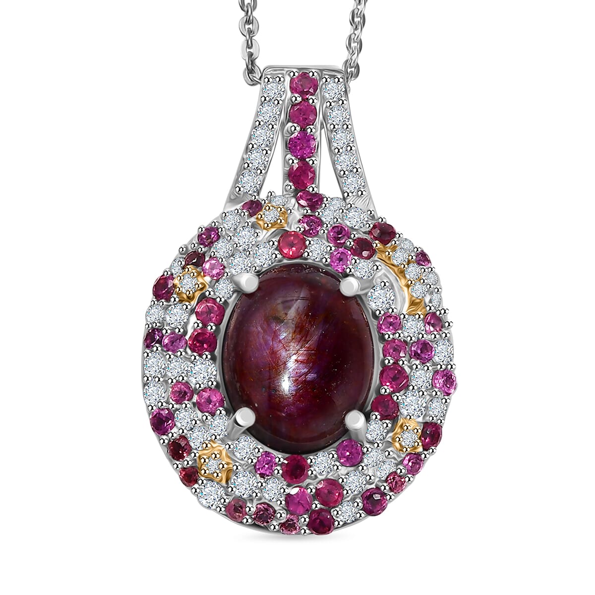 Indian Star Ruby and Multi Gemstone 7.50 ctw Celestial Pendant Necklace in Rhodium Over Sterling Silver 20 Inches image number 0