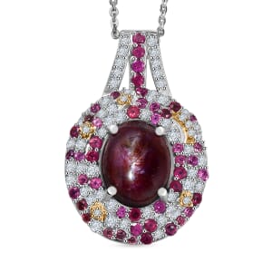 Indian Star Ruby and Multi Gemstone 7.50 ctw Celestial Pendant Necklace in Rhodium Over Sterling Silver 20 Inches