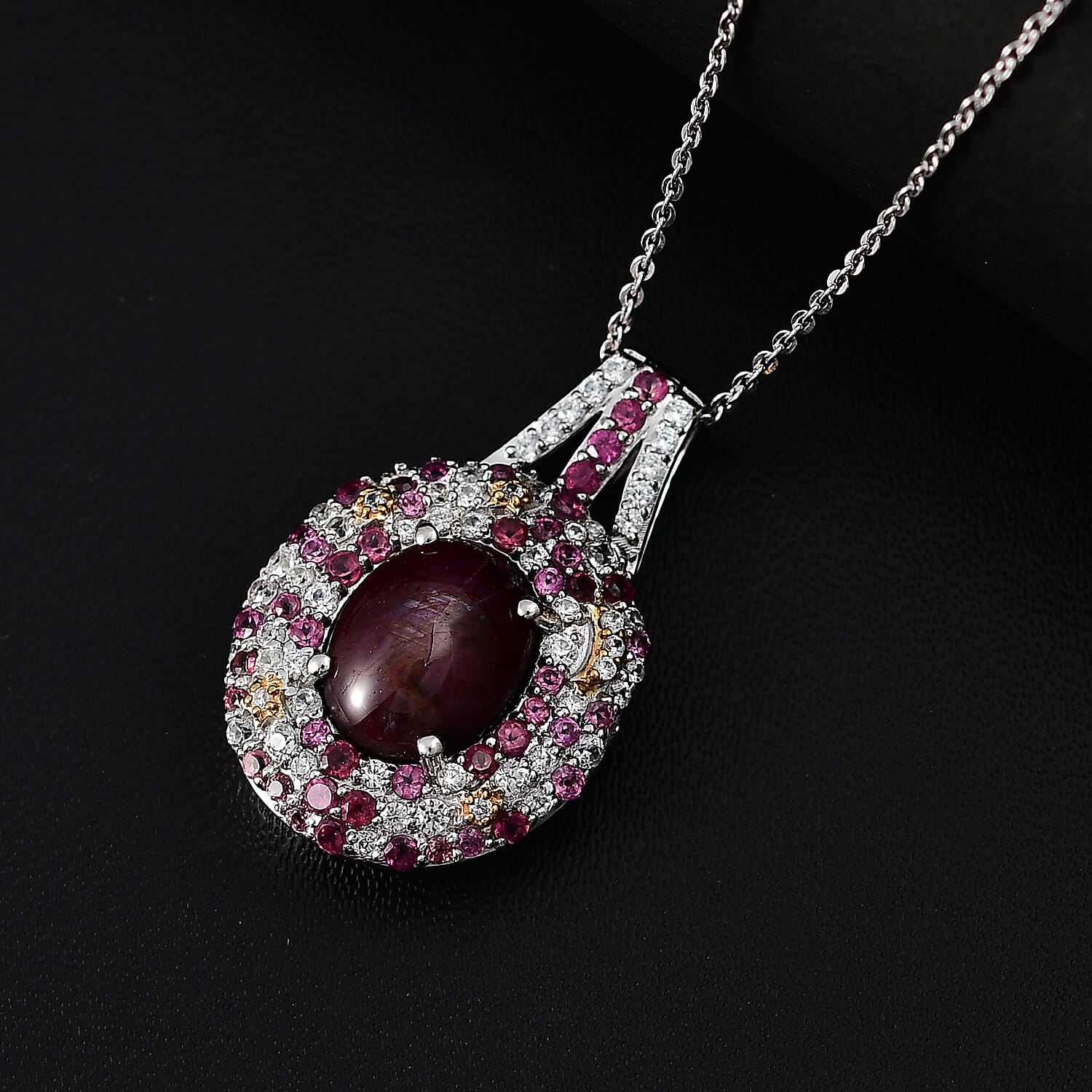 Indian Star Ruby and Multi Gemstone 7.50 ctw Celestial Pendant Necklace in Rhodium Over Sterling Silver 20 Inches