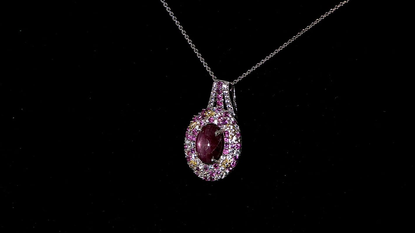 TLV Blue Star Sapphire (DF), Multi Gemstone Pendant Necklace (20 Inches) in Rhodium Over Sterling Silver 6.40 ctw