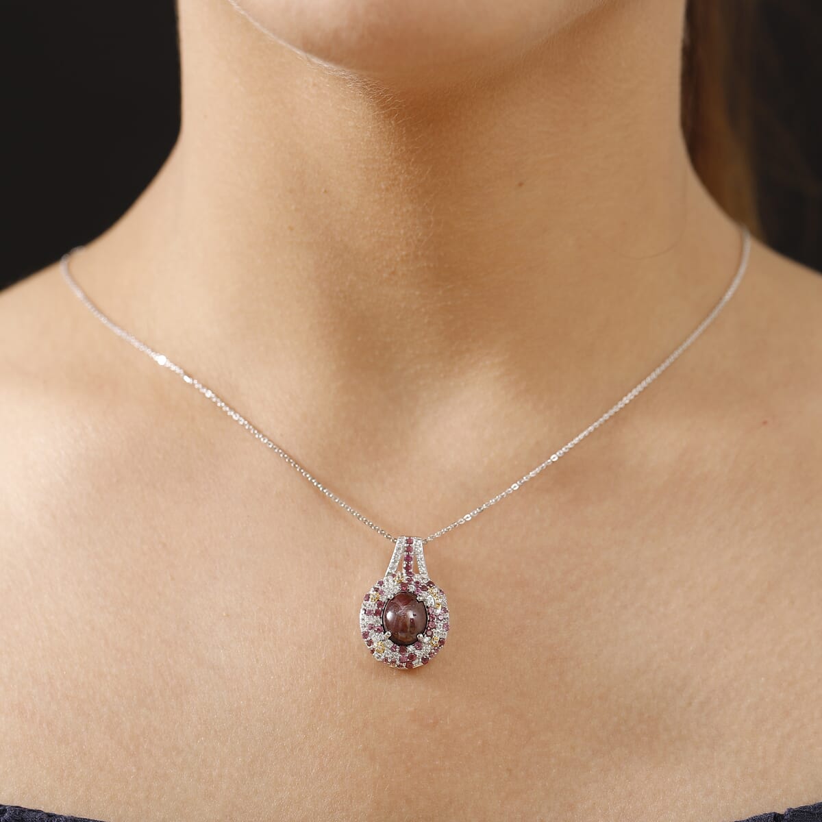 Indian Star Ruby and Multi Gemstone 7.50 ctw Celestial Pendant Necklace in Rhodium Over Sterling Silver 20 Inches image number 2