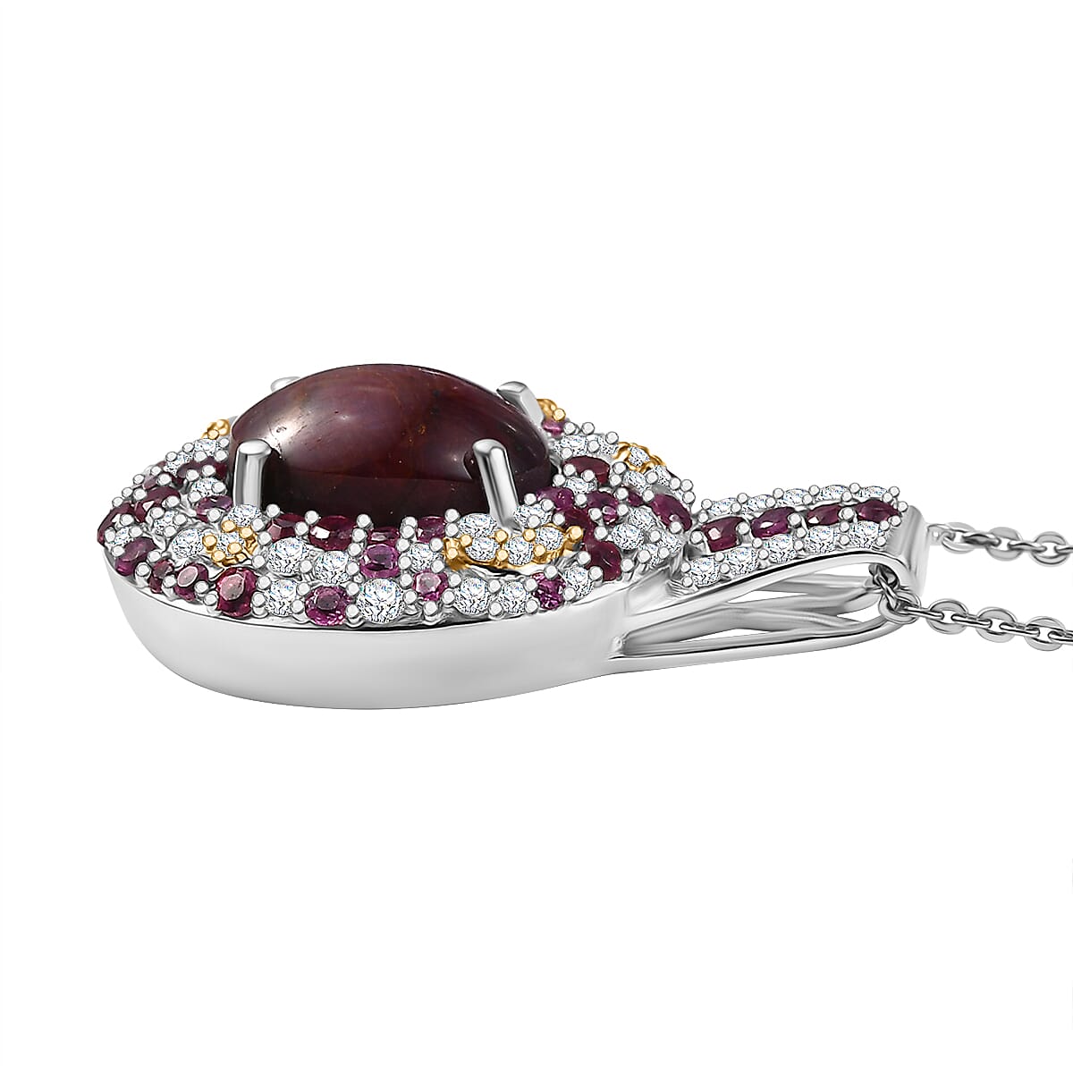 Indian Star Ruby and Multi Gemstone 7.50 ctw Celestial Pendant Necklace in Rhodium Over Sterling Silver 20 Inches