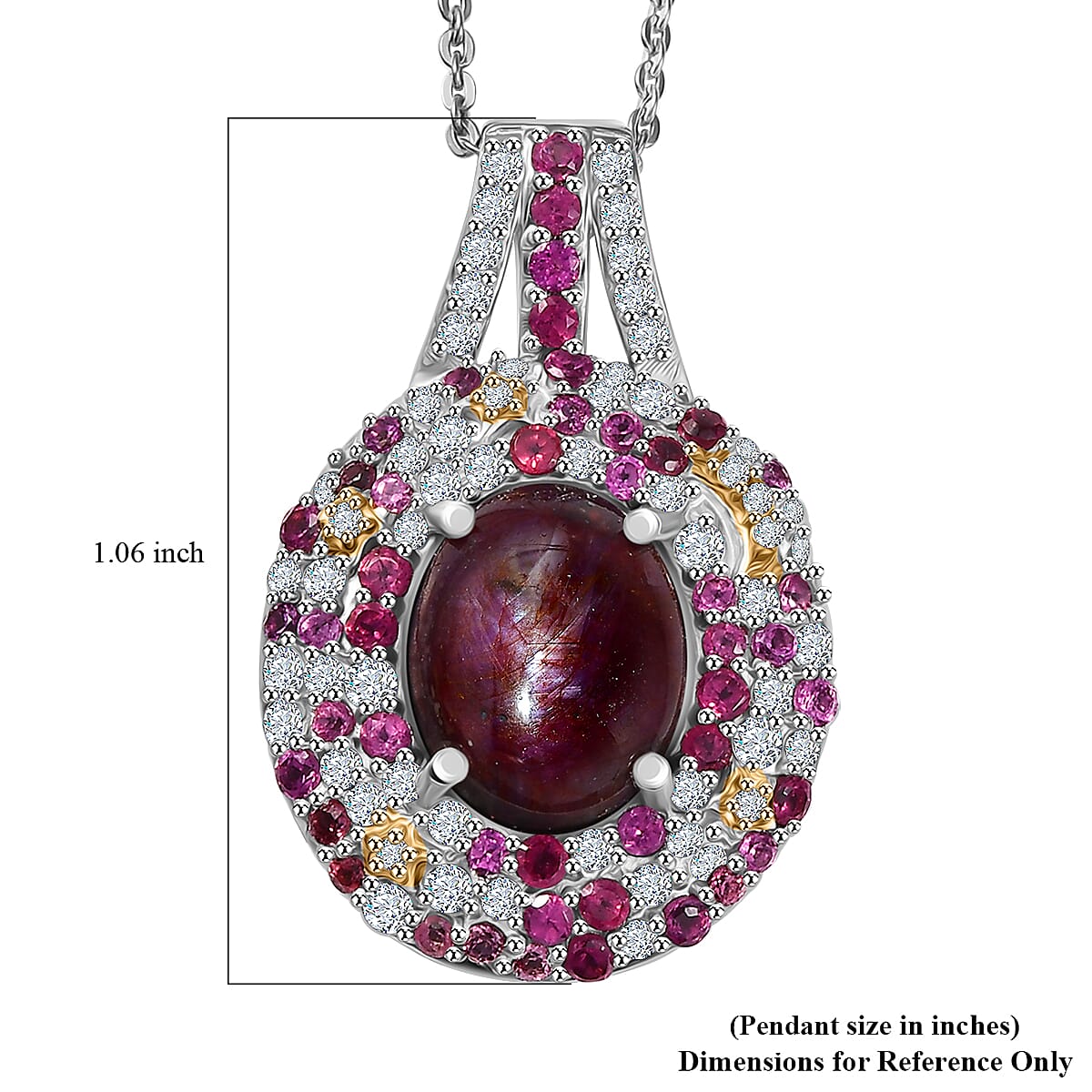 Indian Star Ruby and Multi Gemstone 7.50 ctw Celestial Pendant Necklace in Rhodium Over Sterling Silver 20 Inches