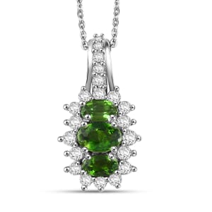 D'Joy Chrome Diopside and White Zircon 1.75 ctw Blooming Flower Pendant Necklace in Rhodium Over Sterling Silver 20 Inches