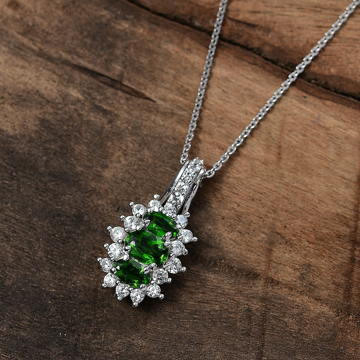 D'Joy Chrome Diopside and White Zircon 1.75 ctw Blooming Flower Pendant Necklace in Rhodium Over Sterling Silver 20 Inches image number 1