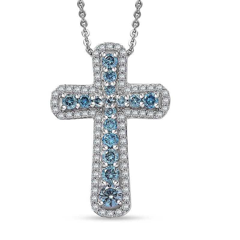 Luxuriant Lab Grown Blue Diamond (IR) SI 1.00 ctw Cross Pendant Necklace in Rhodium Over Sterling Silver 20 Inches