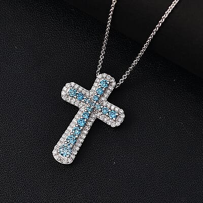 Luxuriant Lab Grown Blue Diamond (IR) SI 1.00 ctw Cross Pendant Necklace in Rhodium Over Sterling Silver 20 Inches