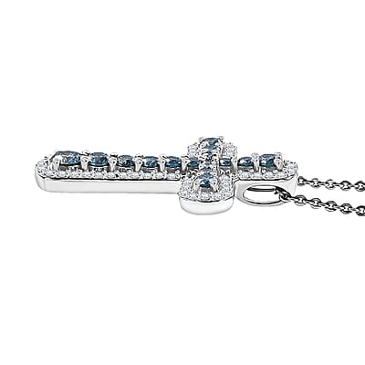 Luxuriant Lab Grown Blue Diamond (IR) SI 1.00 ctw Cross Pendant Necklace in Rhodium Over Sterling Silver 20 Inches