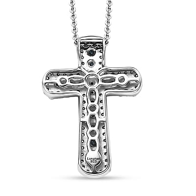 Luxuriant Lab Grown Blue Diamond (IR) SI 1.00 ctw Cross Pendant Necklace in Rhodium Over Sterling Silver 20 Inches