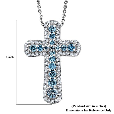 Luxuriant Lab Grown Blue Diamond (IR) SI 1.00 ctw Cross Pendant Necklace in Rhodium Over Sterling Silver 20 Inches