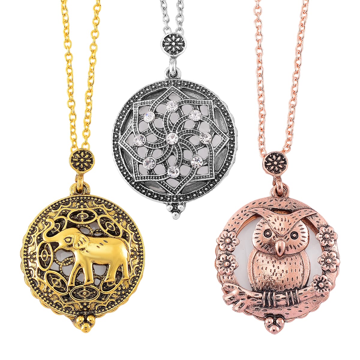 Set of 3 5X Magnifying Glass Lens Flower, Elephant and Owl Necklace 30-32 Inches in Tri-tone image number 0