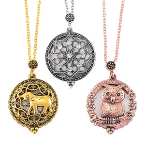 Set of 3 5X Magnifying Glass Lens Flower, Elephant and Owl Necklace 30-32 Inches in Tri-tone
