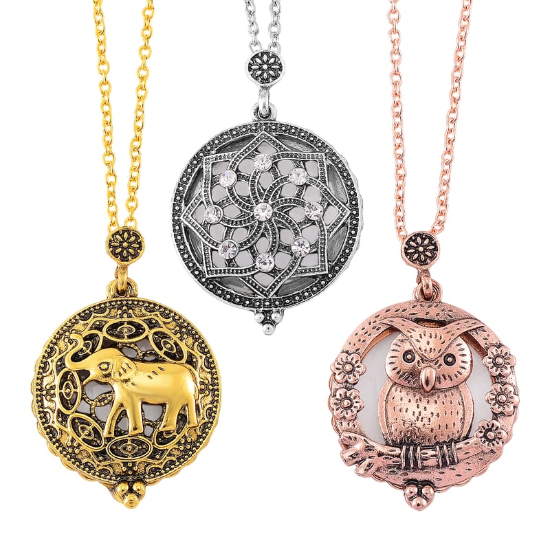 Set of 3 5X Magnifying Glass Lens Flower, Elephant and Owl Necklace 30-32 Inches in Tri-tone