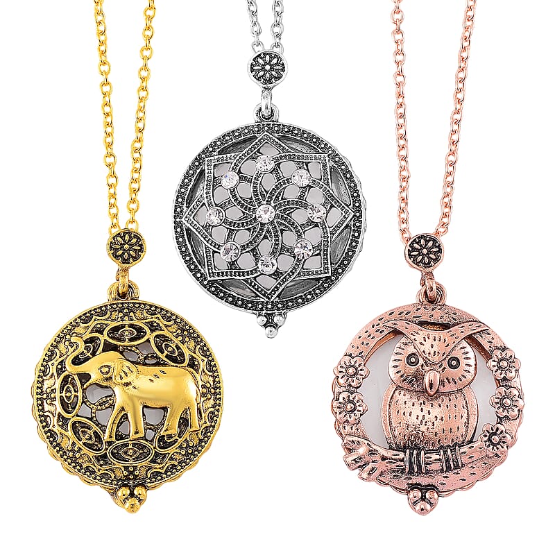 Set of 3 5X Magnifying Glass Lens Flower, Elephant and Owl Necklace 30-32 Inches in Tri-tone