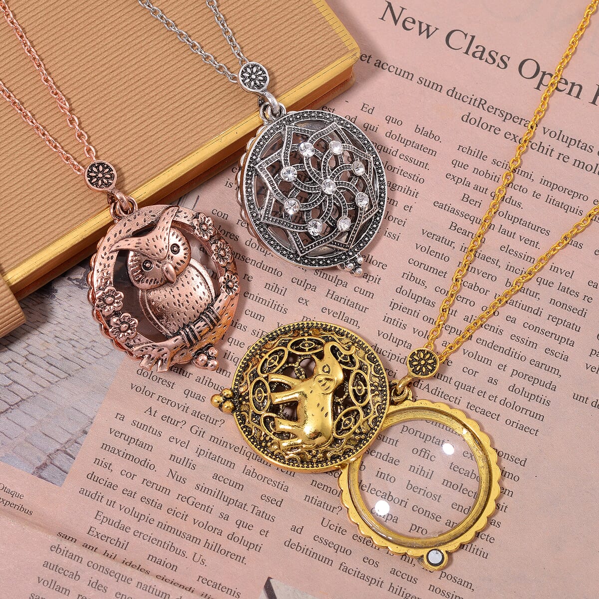 Set of 3 5X Magnifying Glass Lens Flower, Elephant and Owl Necklace 30-32 Inches in Tri-tone image number 1