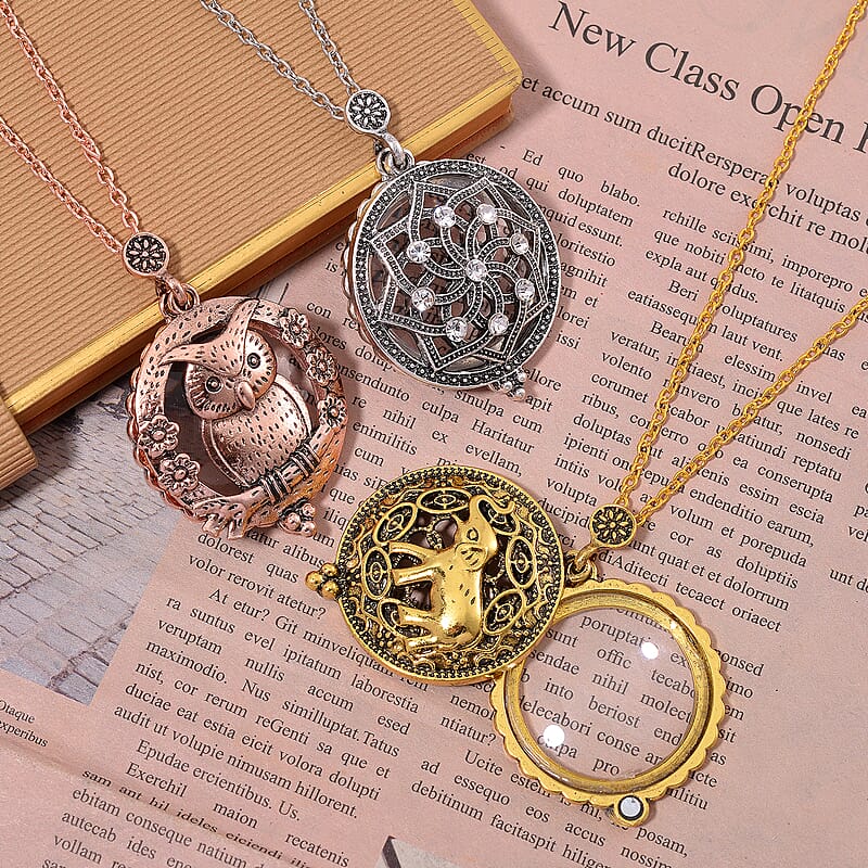 Set of 3 5X Magnifying Glass Lens Flower, Elephant and Owl Necklace 30-32 Inches in Tri-tone