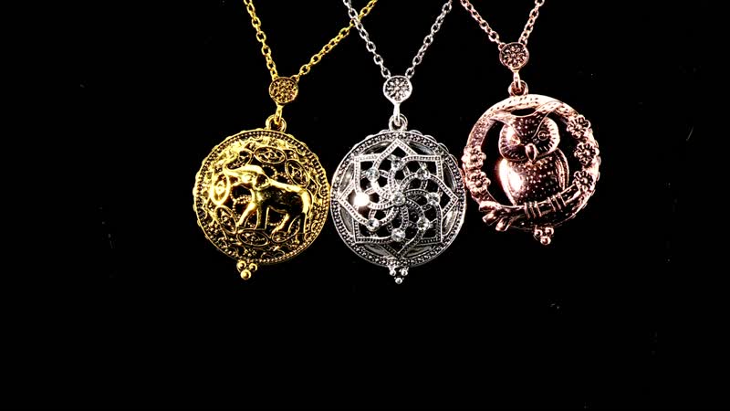 Set of 3 5X Magnifying Glass Lens Flower, Elephant and Owl Necklace 30-32 Inches in Tri-tone