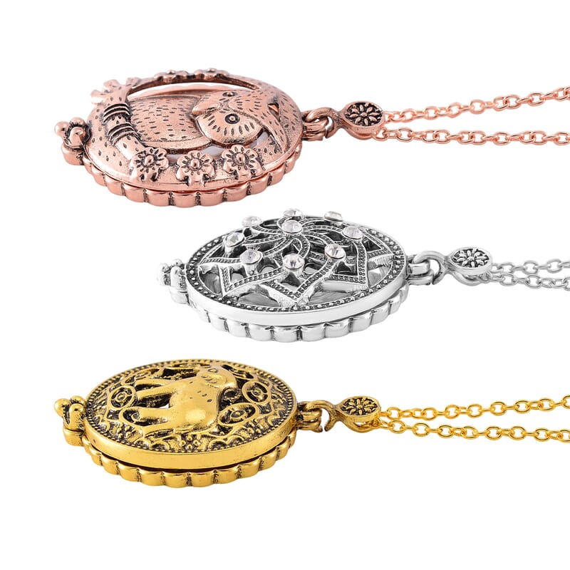 Set of 3 5X Magnifying Glass Lens Flower, Elephant and Owl Necklace 30-32 Inches in Tri-tone