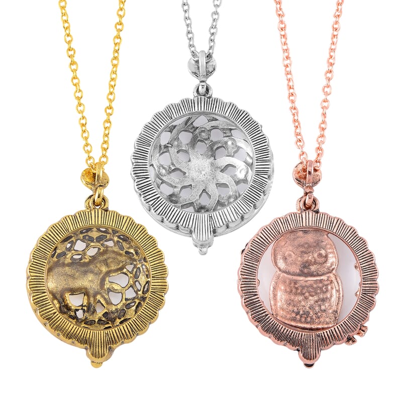 Set of 3 5X Magnifying Glass Lens Flower, Elephant and Owl Necklace 30-32 Inches in Tri-tone