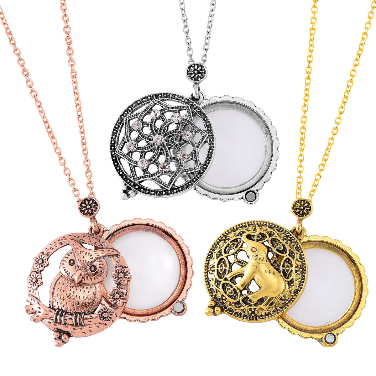 Set of 3 5X Magnifying Glass Lens Flower, Elephant and Owl Necklace 30-32 Inches in Tri-tone image number 4