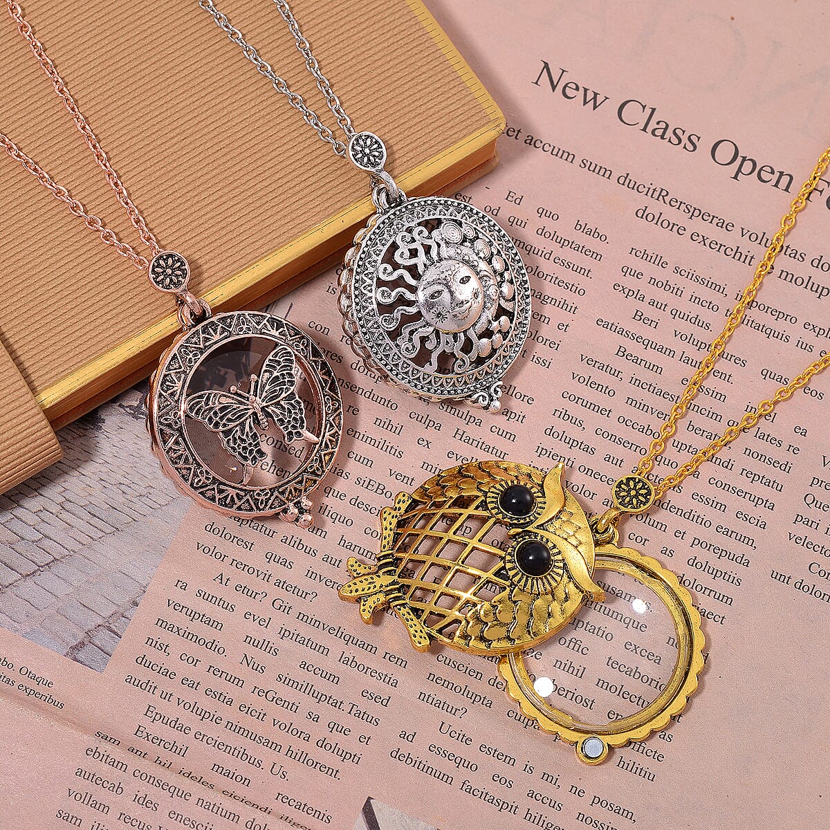 Set of 3 5X Magnifying Glass Lens Sun, Butterfly and Owl Necklace in Tri-tone 30-32 Inches image number 1