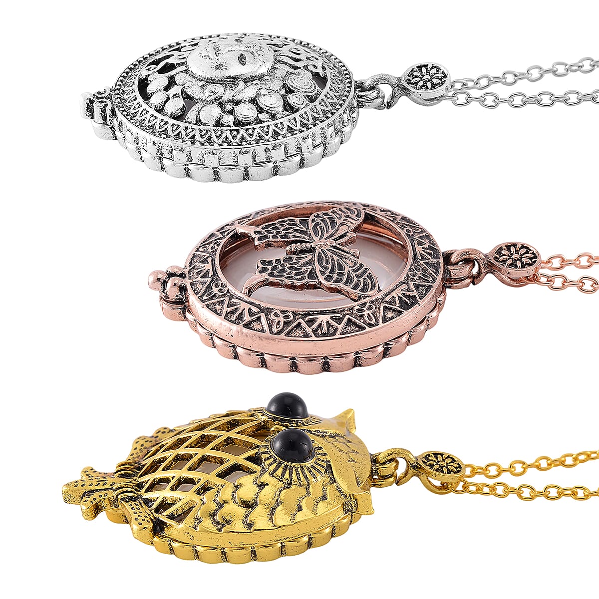 Set of 3 5X Magnifying Glass Lens Sun, Butterfly and Owl Necklace in Tri-tone 30-32 Inches image number 2