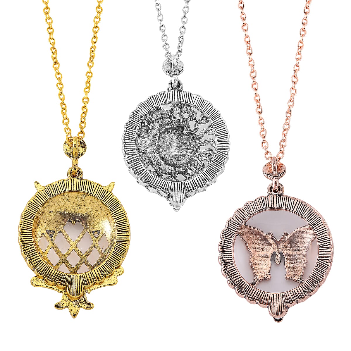 Set of 3 5X Magnifying Glass Lens Sun, Butterfly and Owl Necklace in Tri-tone 30-32 Inches image number 3