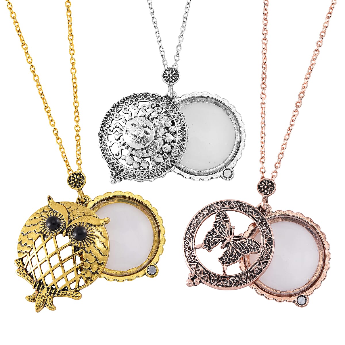 Set of 3 5X Magnifying Glass Lens Sun, Butterfly and Owl Necklace in Tri-tone 30-32 Inches image number 4