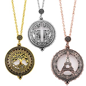Set of 3 5X Magnifying Glass Lens Cross, Tree of Life and Eiffel Tower Necklace in Tri-tone 30-32 Inches