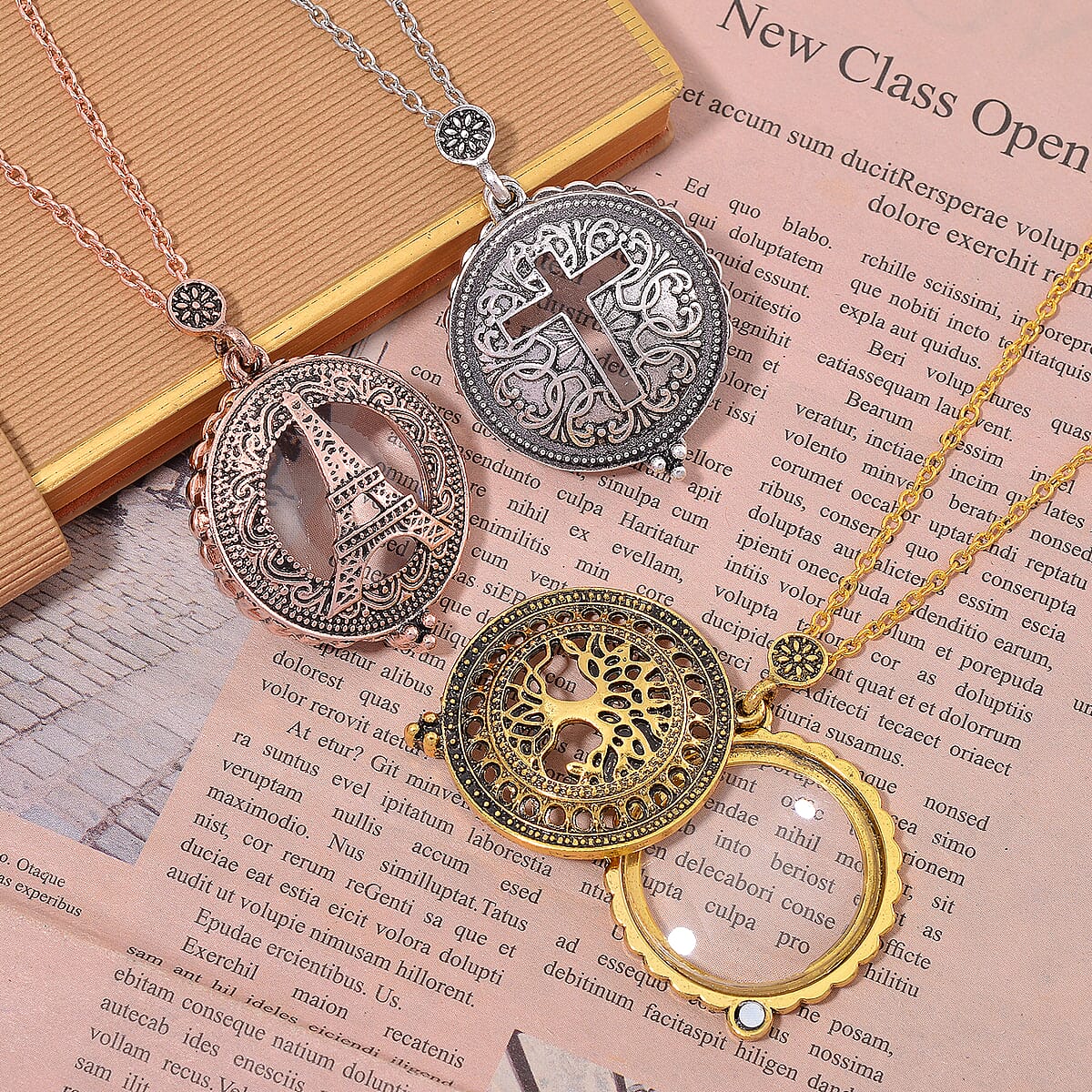 Set of 3 5X Magnifying Glass Lens Cross, Tree of Life and Eiffel Tower Necklace in Tri-tone 30-32 Inches image number 1